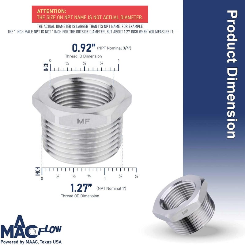 MAACFLOW Stainless Steel 1" Male NPT to 3/4" Female NPT Adapter Reducer Hex Bushing (Thread OD1.27" - ID 0.92") (Pack of 1) - Image 2